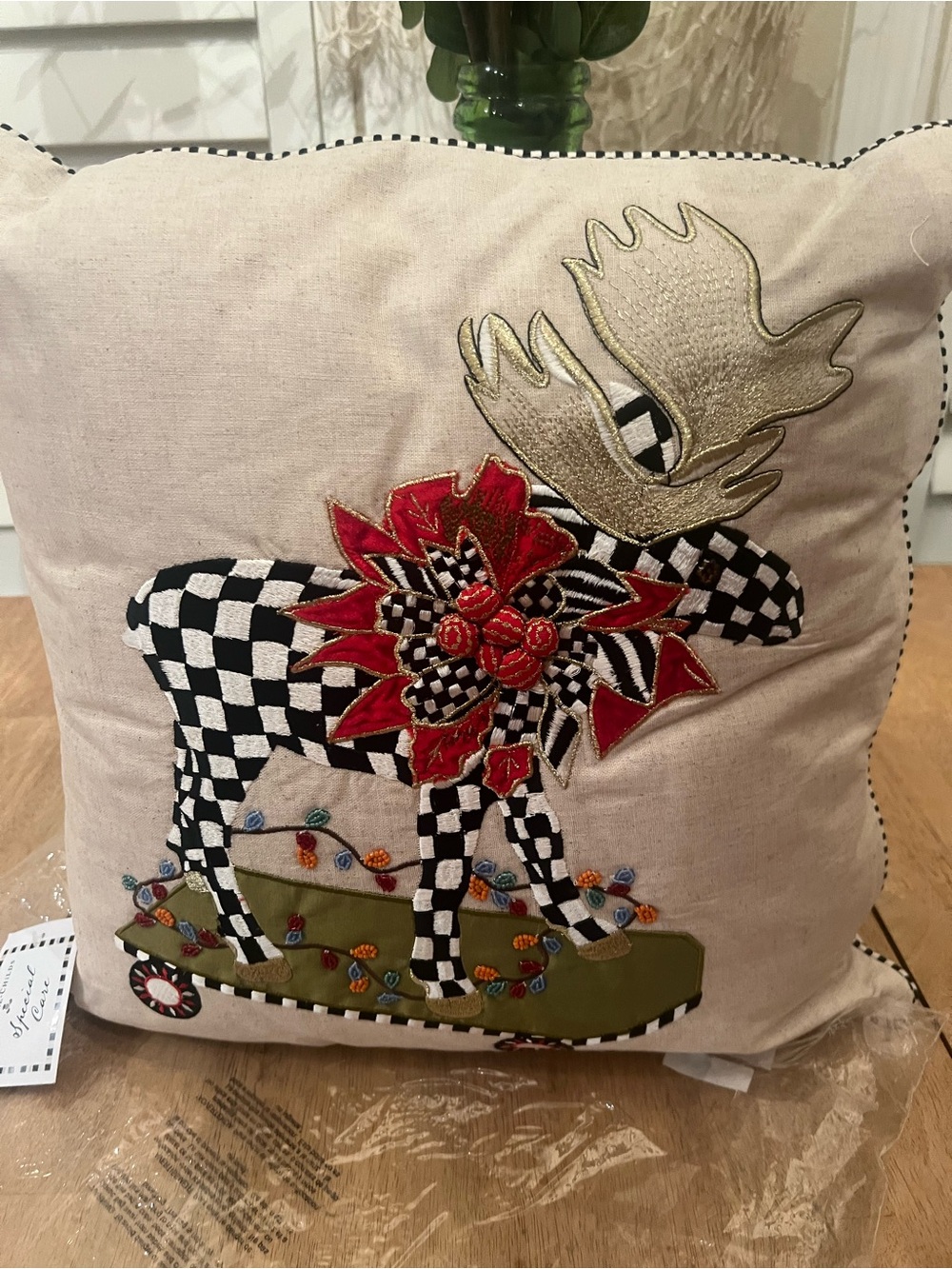 MacKenzie-Childs Black & White Check Moose Pillow Red & Gold new w/tag Christmas